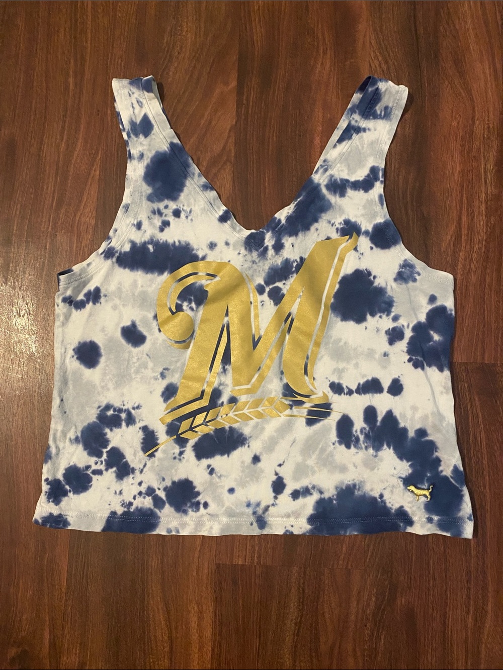 PINK Victoria's Secret Navy & White Tie-Dye Crop Tank with Gold 'M'